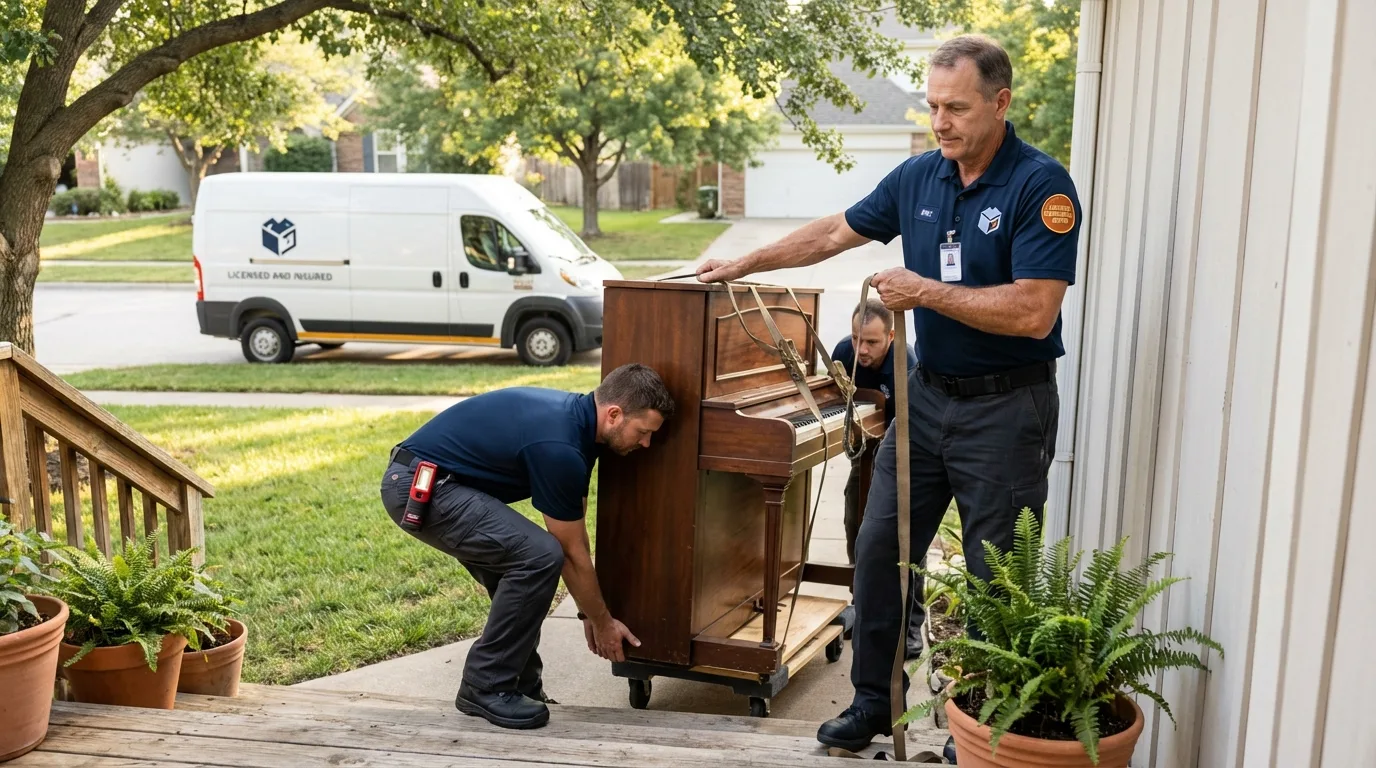 Licensed piano movers securing grand piano in Bluefield, VA